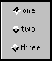 Shows three checkboxes, arranged vertically, labeled one, two, and three. Checkbox one is in the on state.