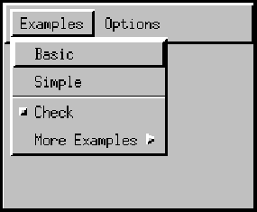 Diagram of MenuBar containing 2 menus: Examples and Options.
 Examples menu is expanded showing items: Basic, Simple, Check, and More Examples.